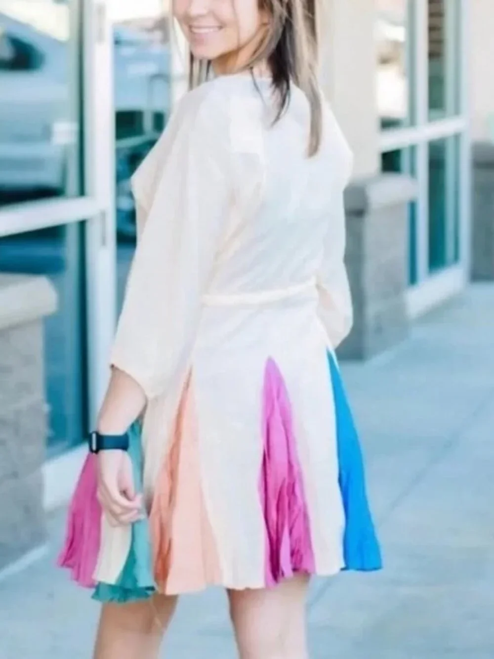 ODDI Rainbow Colorblock Panel Belted Swing Mini Dress - Picture 10 of 11